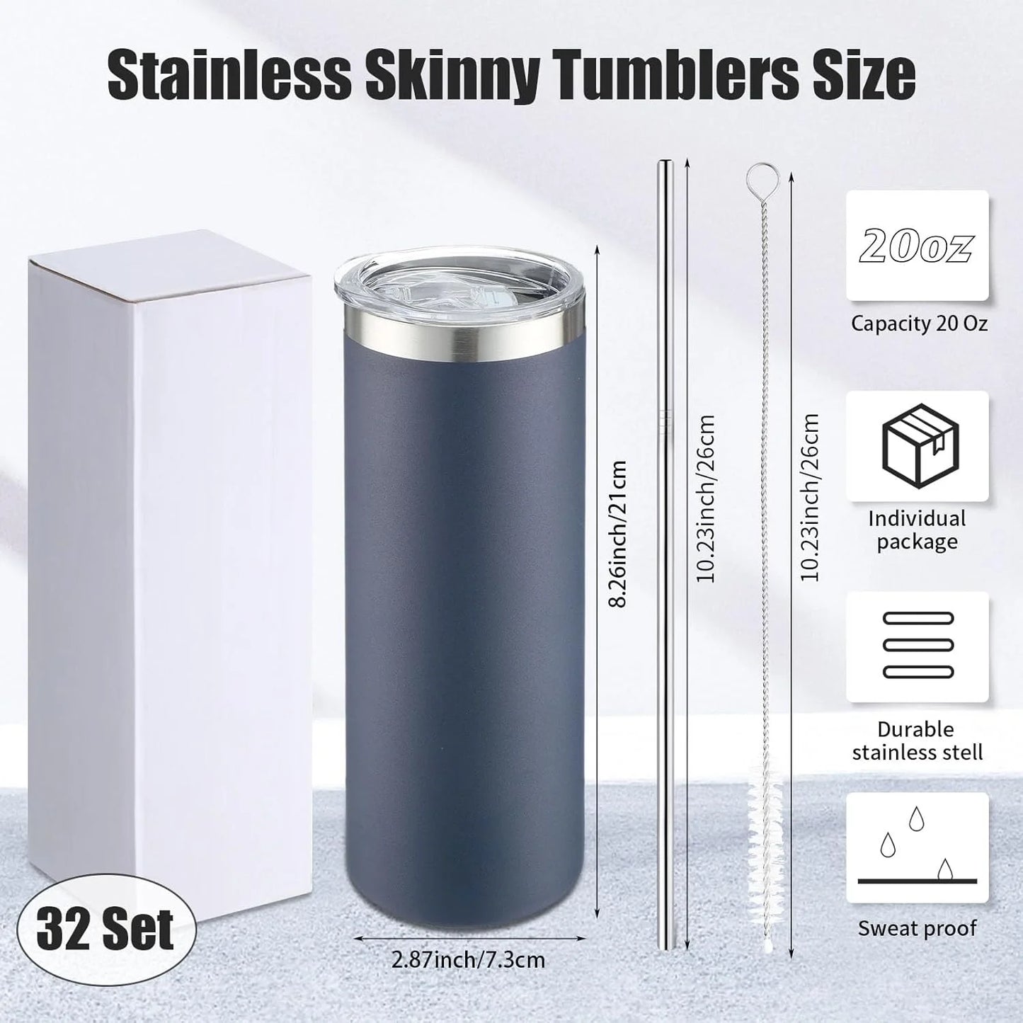 32-Pack Slim Insulated Tumblers With Lids And Straws Stainless Steel