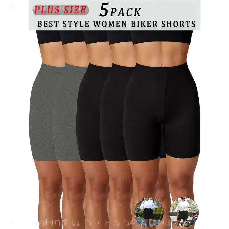 5 Pack Women Plus Size High Elasticity Biker Shorts 6 Inch Inseam Full Coverage Non Sheer Tight Fit Athletic Pants for