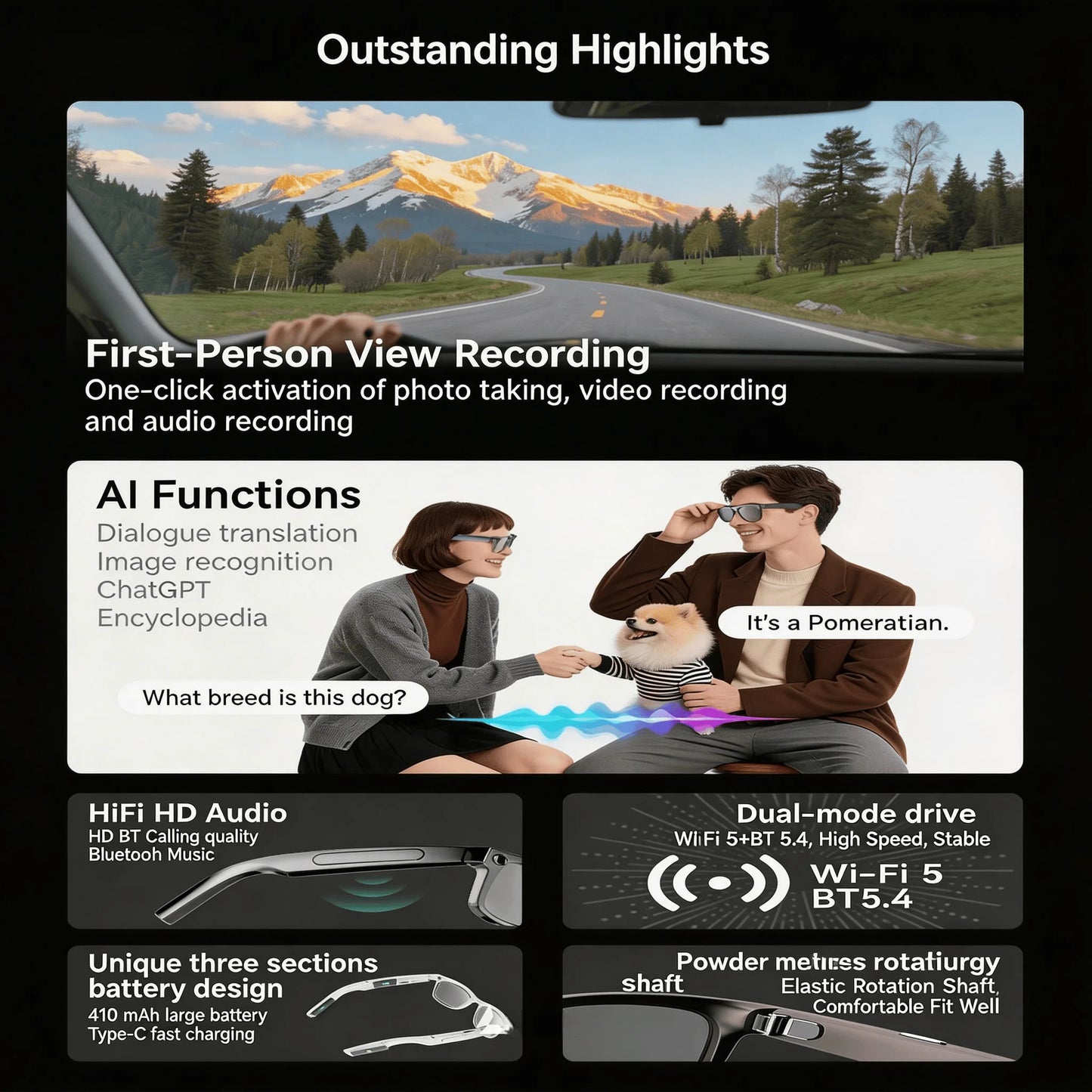 4K Camera Glasses with AI Smart Features That Support Real-Time Translation And Object Recognition, Open-Ear Audio, Ultra-Light Design, And Up to 8 Hours of Battery Life for Outdoor Cycling, Work, Travel