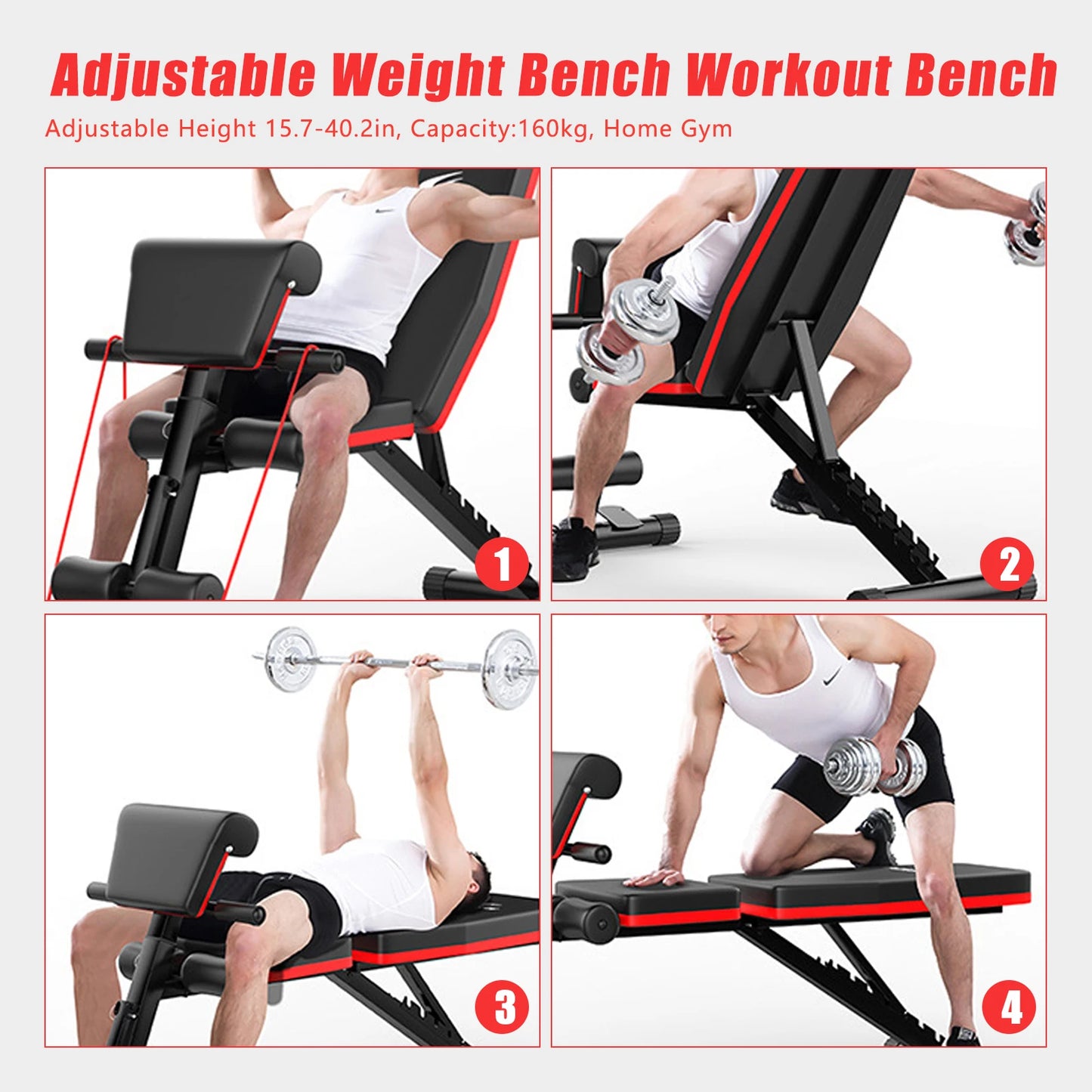 Multifunctional Foldable Weight Bench, Height Adjustable Strength Training Workout Bench, 160KG Max Weight Capacity, Full Body Gym Equipment for Home, Apartment & Small Fitness Studio
