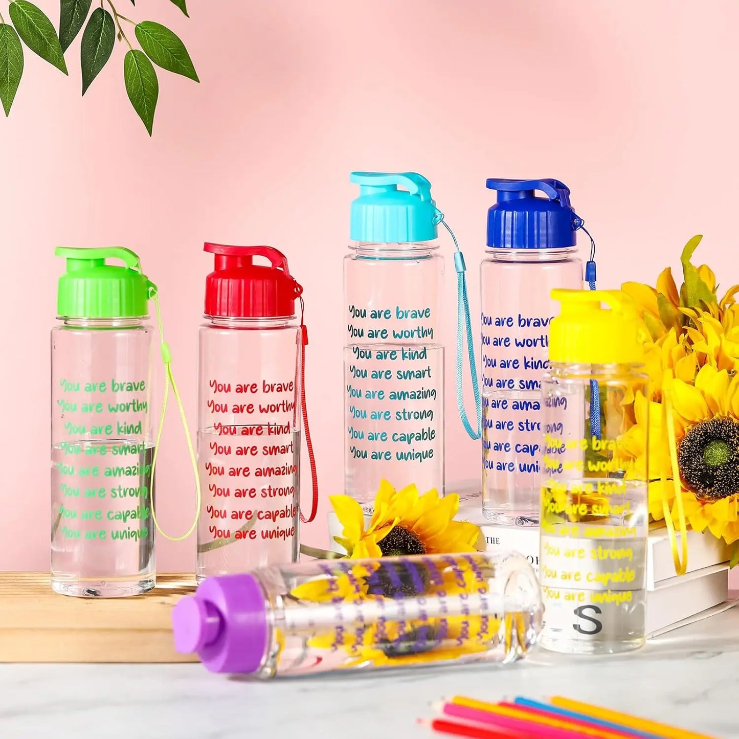 Motivational 24 Pack 17oz Water Bottles With Leak Proof Lids