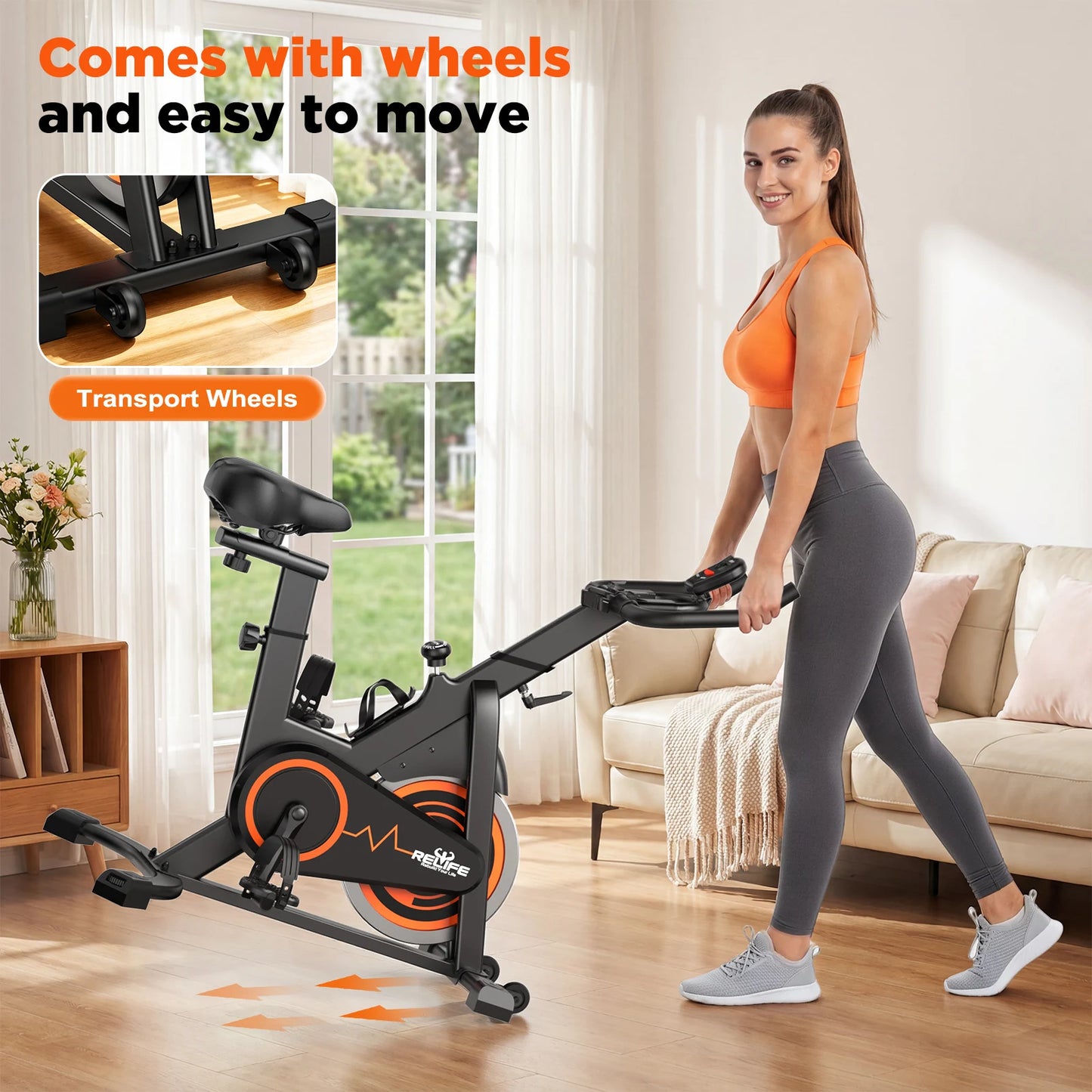 RELIFE Stationary Exercise Bike Silent Belt Drive Indoor Cycling Bike Adjustable Resistance Home Cardio Fitness Bike with LCD Monitor Tablet Holder