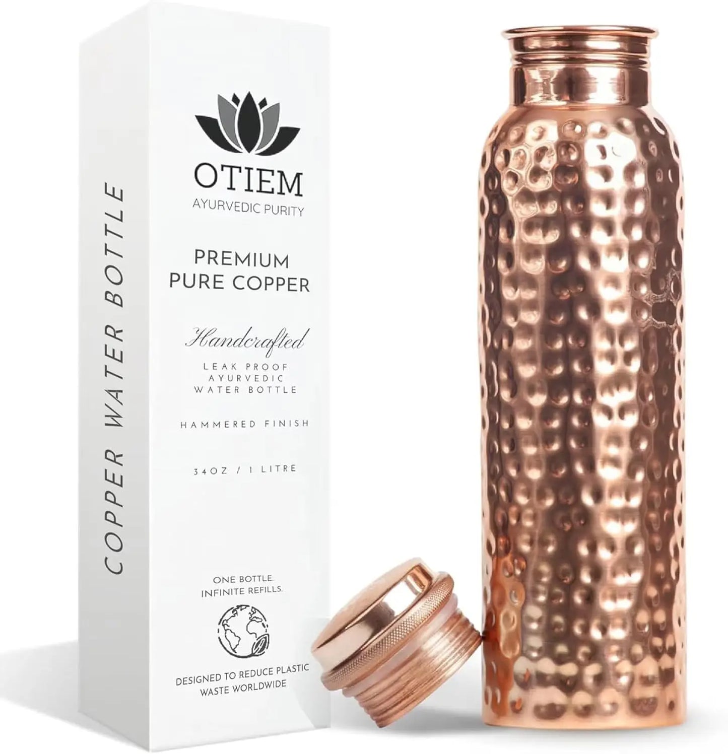 Hammered Copper Water Bottle, 34 oz - Leak-Proof, Eco-Friendly Design for Temperature Retention - Stay Hydrated & Experience Ayu