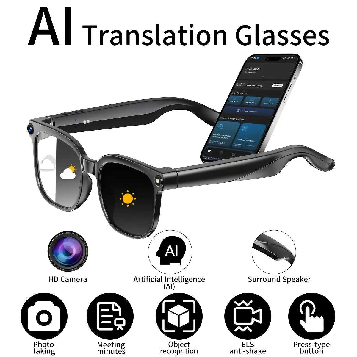 AI Smart Video Glasses, equipped with an 8-megapixel camera, supporting 4K HD video recording, wireless calling and music