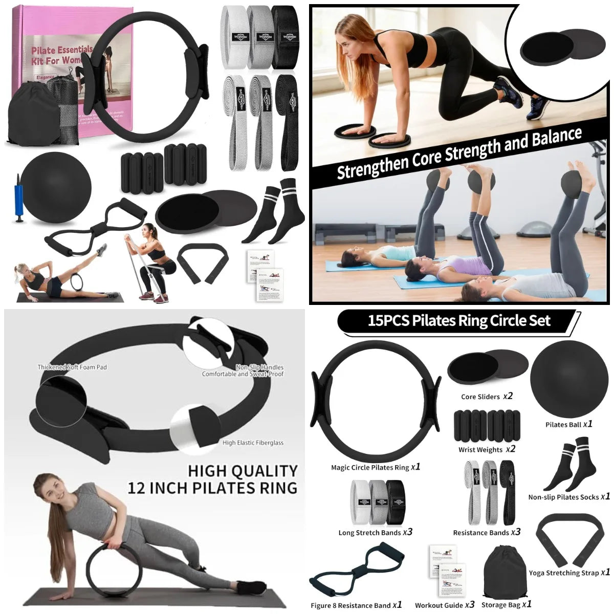Pilates Essentials Kit for Home Women, Pilates Equipment for Workouts, 6 Fabric ResiBands, 12 Inch