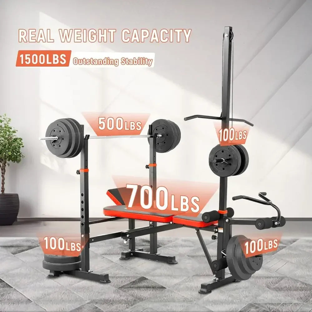 1500-Pound Capacity 8-in-1 Adjustable Weight Bench with Lat Pulldown, Leg Extension/Curl, Preacher Curl, and Squat Rack