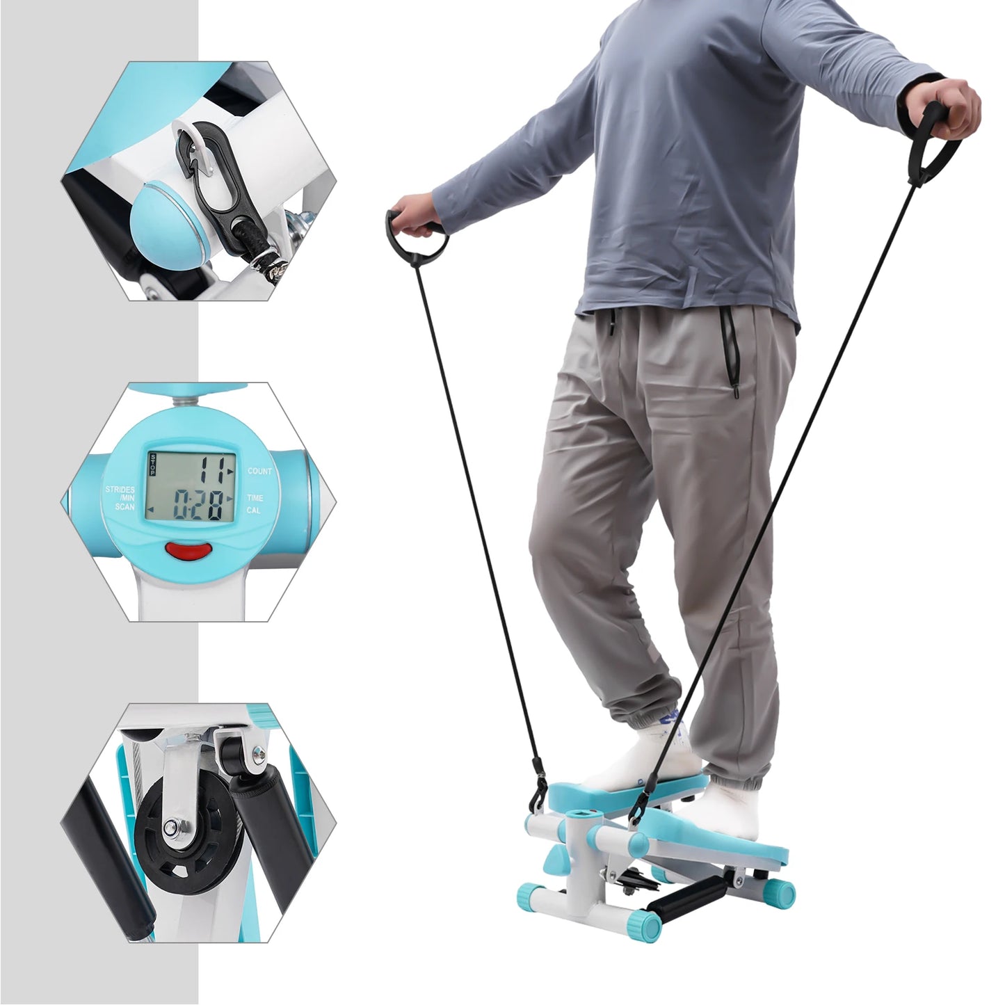 Mini Stepper with Resistance Bands, Hydraulic Quiet Fitness Stepper Machine for Home Office, LCD Display, Adjustable 150kg Capacity, Portable Exercise Equipment for Weight Loss Toning