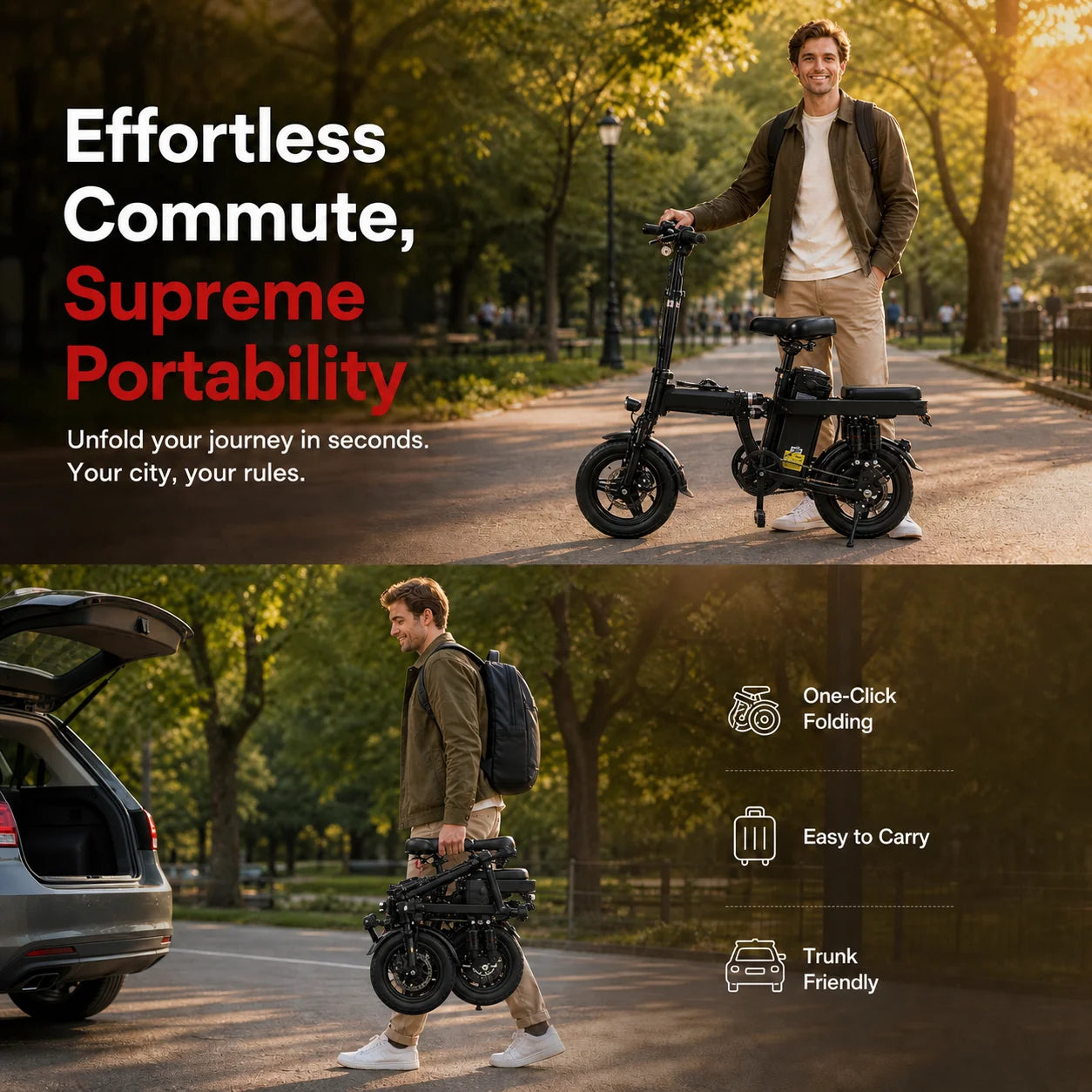 Foldable electric bicycle for adults, equipped with 14-inch tires, featuring 8 shock absorbers, a 500W motor power, a 48V 15Ah c