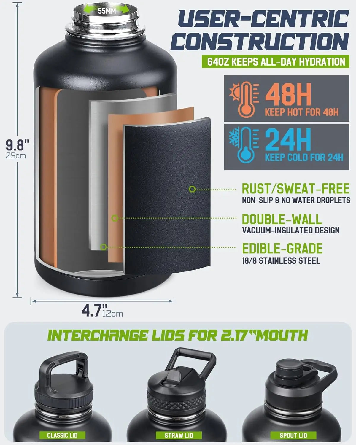 Insulated Stainless Steel Water Bottle With Pouch And Lids