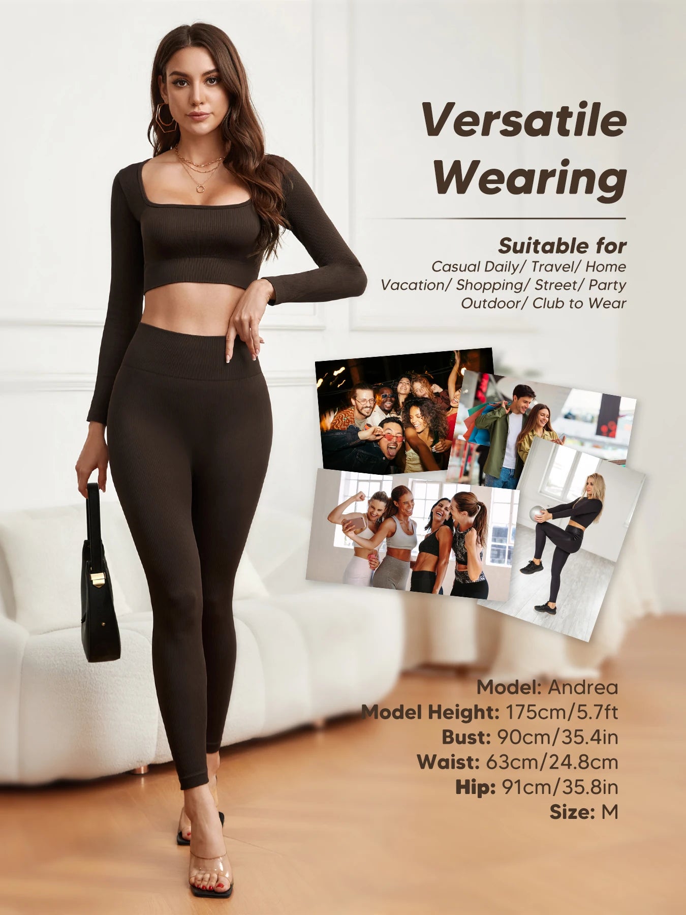 Women Workout Sets 2 Pieces Long Sleeve Yoga Outfits Gym Clothes Seamless Ribbed Crop Top High Waist Leggings
