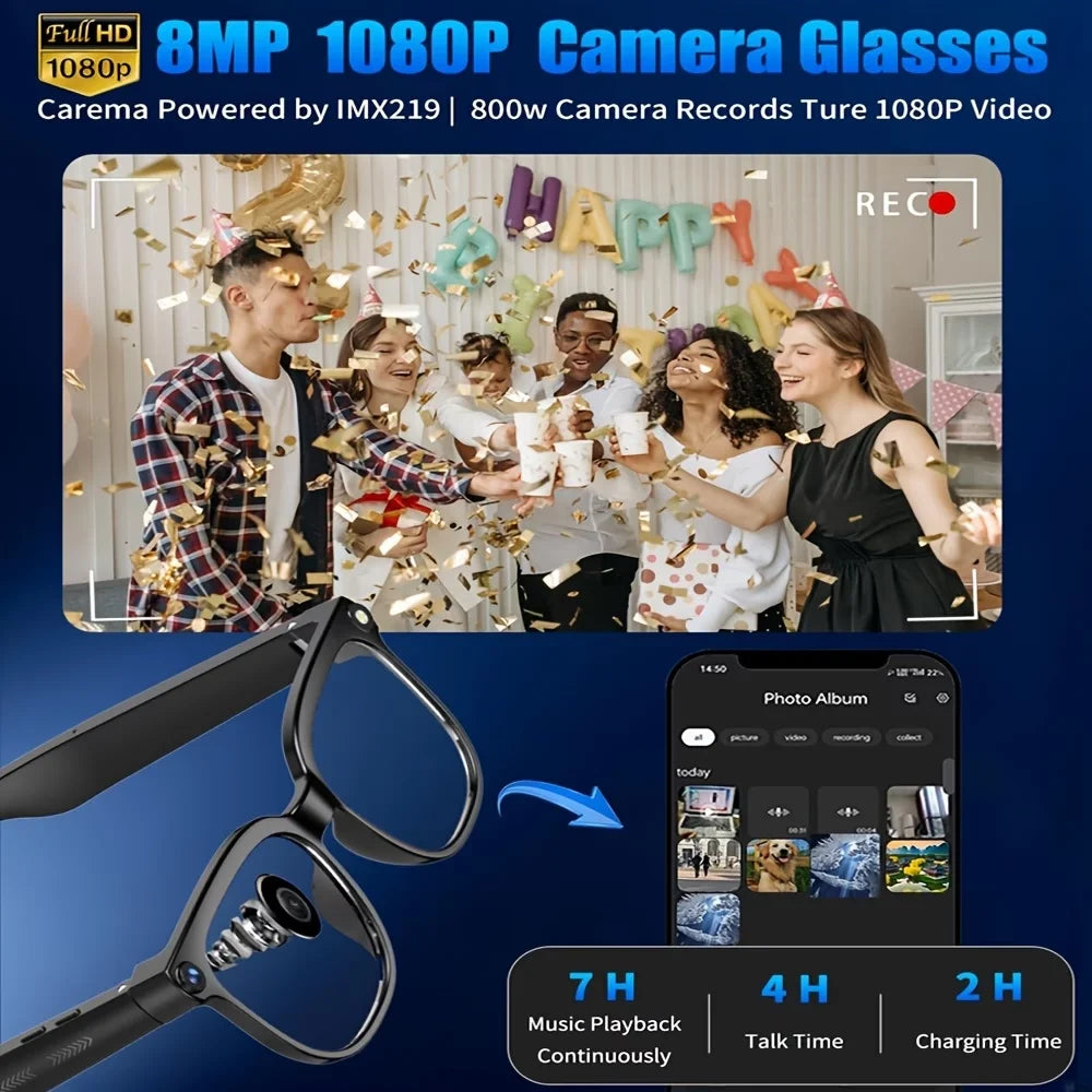 AI Smart Video Glasses, equipped with an 8-megapixel camera, supporting 4K HD video recording, wireless calling and music