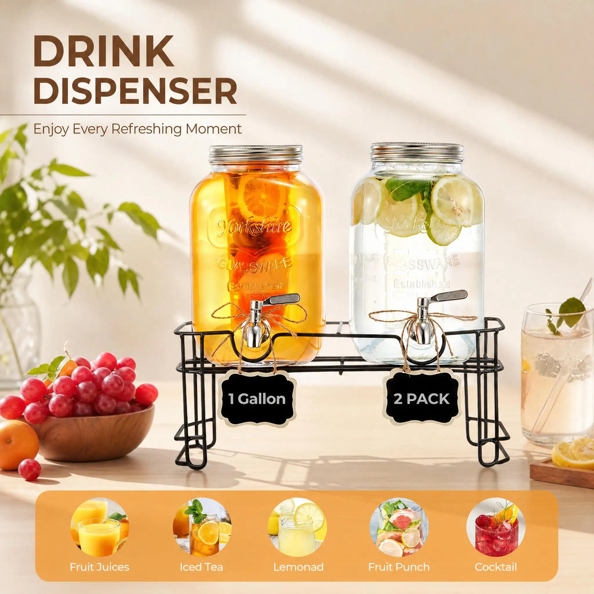 Glass Beverage Dispenser Set With Stainless Steel Spigot And Stand