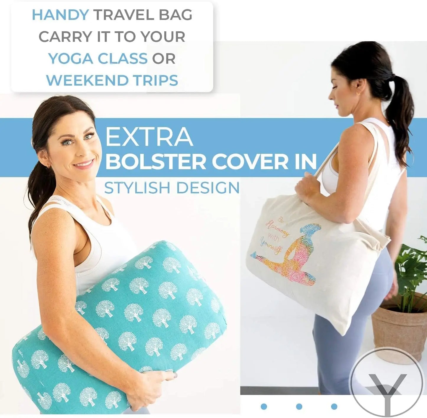 Yoga Bolster - Made with 100% Cotton, Yoga Pillow Set Includes Extra Washable Cover and Carry Bag