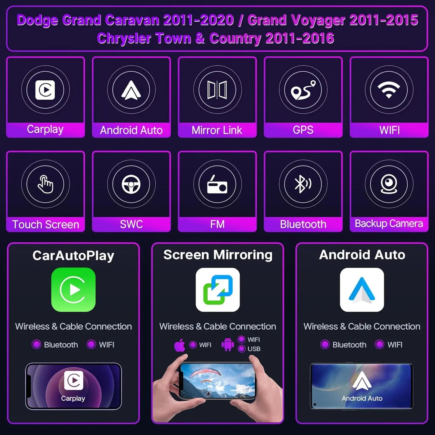 9inch Android 15 Touch Car GPS Navigation Stereo Radio Multimedia Video Player For Dodge Grand Caravan 2011-2020 Chrysler Town Country 2011-2016 Grand Voyager 2011-2015 Support Wireless CarPlay Bluetooth FM RDS WiFi SWC Mirro