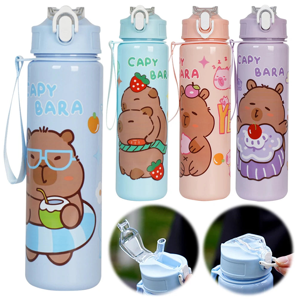 700ml Capybara Cute Water Cup with Straw & Handle Portable Drinking Bottle Large Capacity Kawaii Water Bottle for Fitness Sports