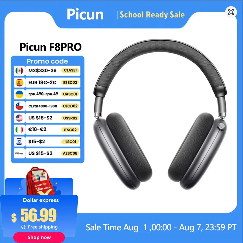 Picun F8 Pro ANC Wireless Headphones Head Tracking 3D Spatial Audio -52dB ANC HIFI Bluetooth Headset ENC HD Mic Low-Latency APP