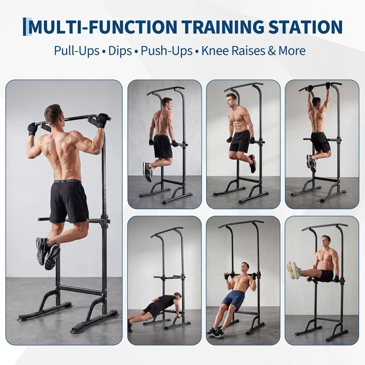 Multi-Function Power Tower Dip Station With Pull Up Bar, 10-Level Height Adjustable, 330LBS Steel Home Gym Equipment