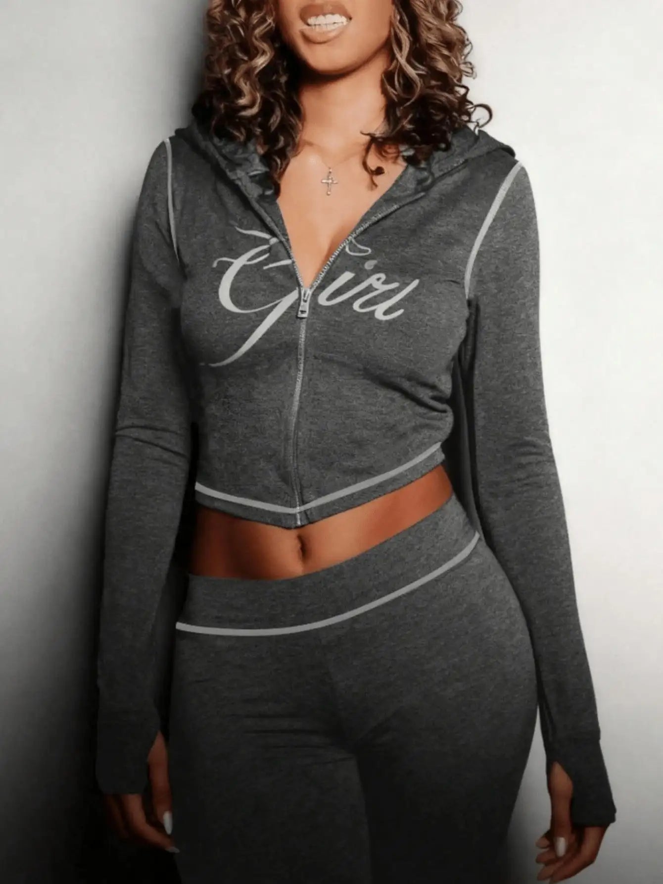 Women's Zip Up Hoodie And Pants Set With Graphic Print Streetwear Two Piece