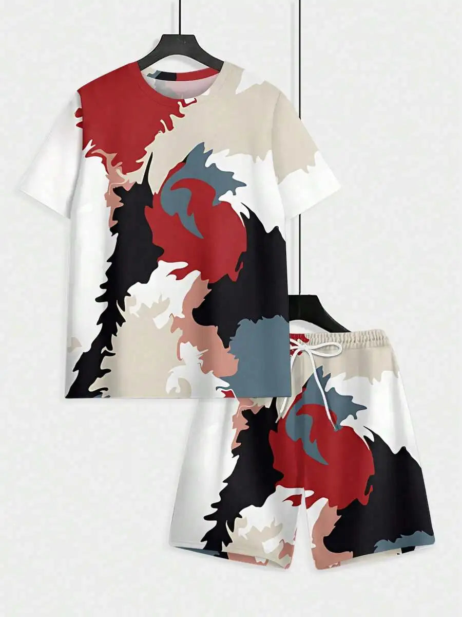 Mens Summer Two Piece Set With Abstract Print Breathable Sportswear