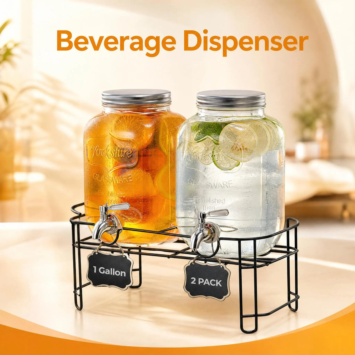 Glass Beverage Dispenser Set With Stainless Steel Spigot And Stand