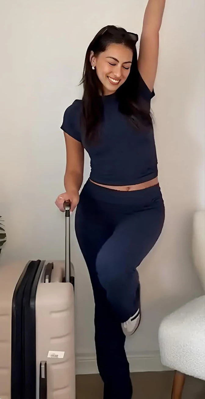 Women’s Two-Piece Yoga Set Short Sleeve Top And Flared Trousers