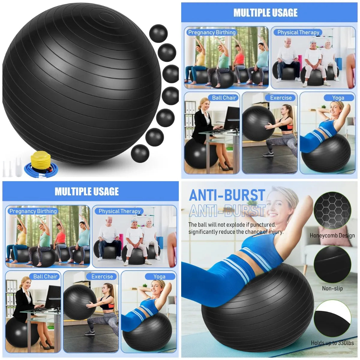 8 Pcs Yoga Exercise Ball Bulk 26 Inch with Inflatable Equipment Pilates Ball with Quick Pump Anti
