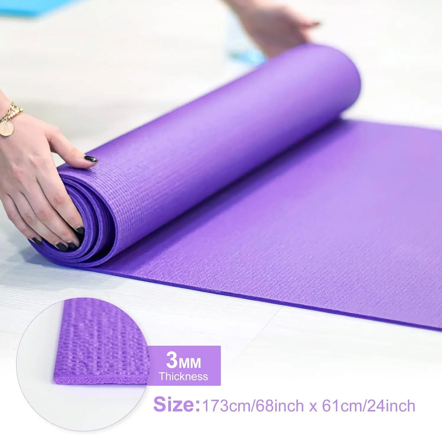 3 mm Thin Yoga Mats Lightweight PVC Exercise Mats Non Slip Workout Fitness Pads for Yoga Pilates Stretching Classes Gym Home Studio, Easy to Clean