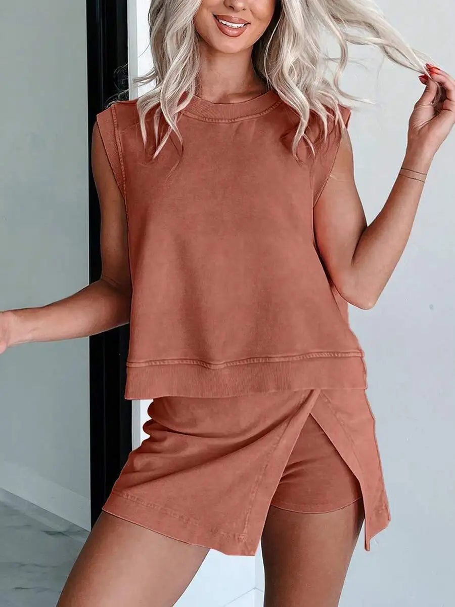 2 Piece Women Activewear Set Cotton Short Sleeve Top And Workout Shorts