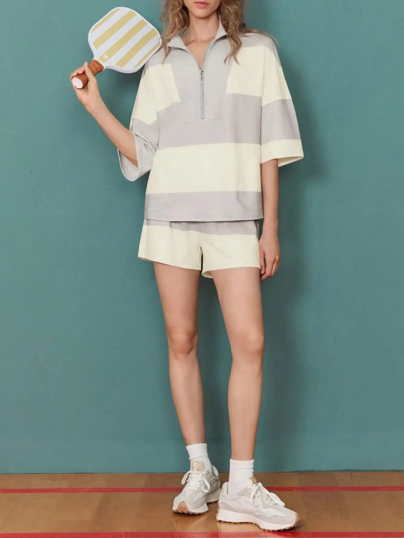 Fisoew Casual Y2K Colorblock Half Zip Sweatshirt & High Waisted Shorts Set | 2025 Tracksuit Gym Wear Lounge Tennis Aesthetic Set