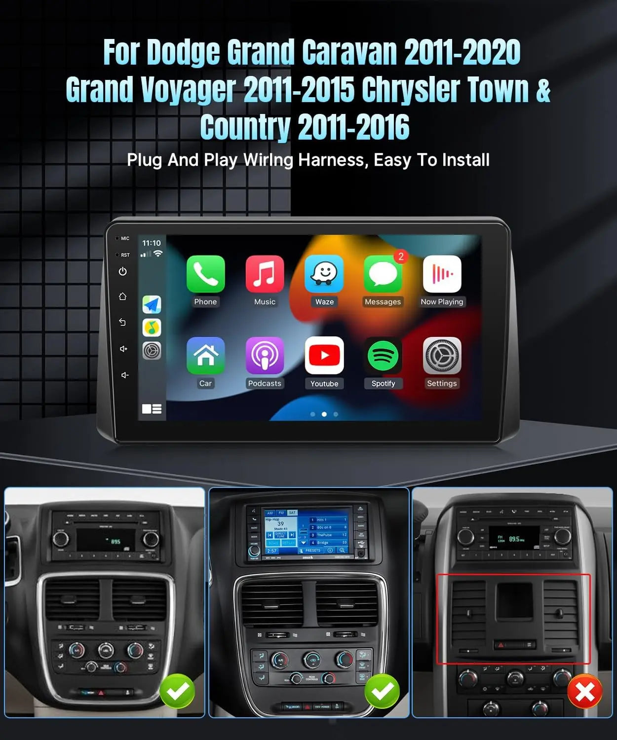 9inch Android 15 Touch Car GPS Navigation Stereo Radio Multimedia Video Player For Dodge Grand Caravan 2011-2020 Chrysler Town Country 2011-2016 Grand Voyager 2011-2015 Support Wireless CarPlay Bluetooth FM RDS WiFi SWC Mirro