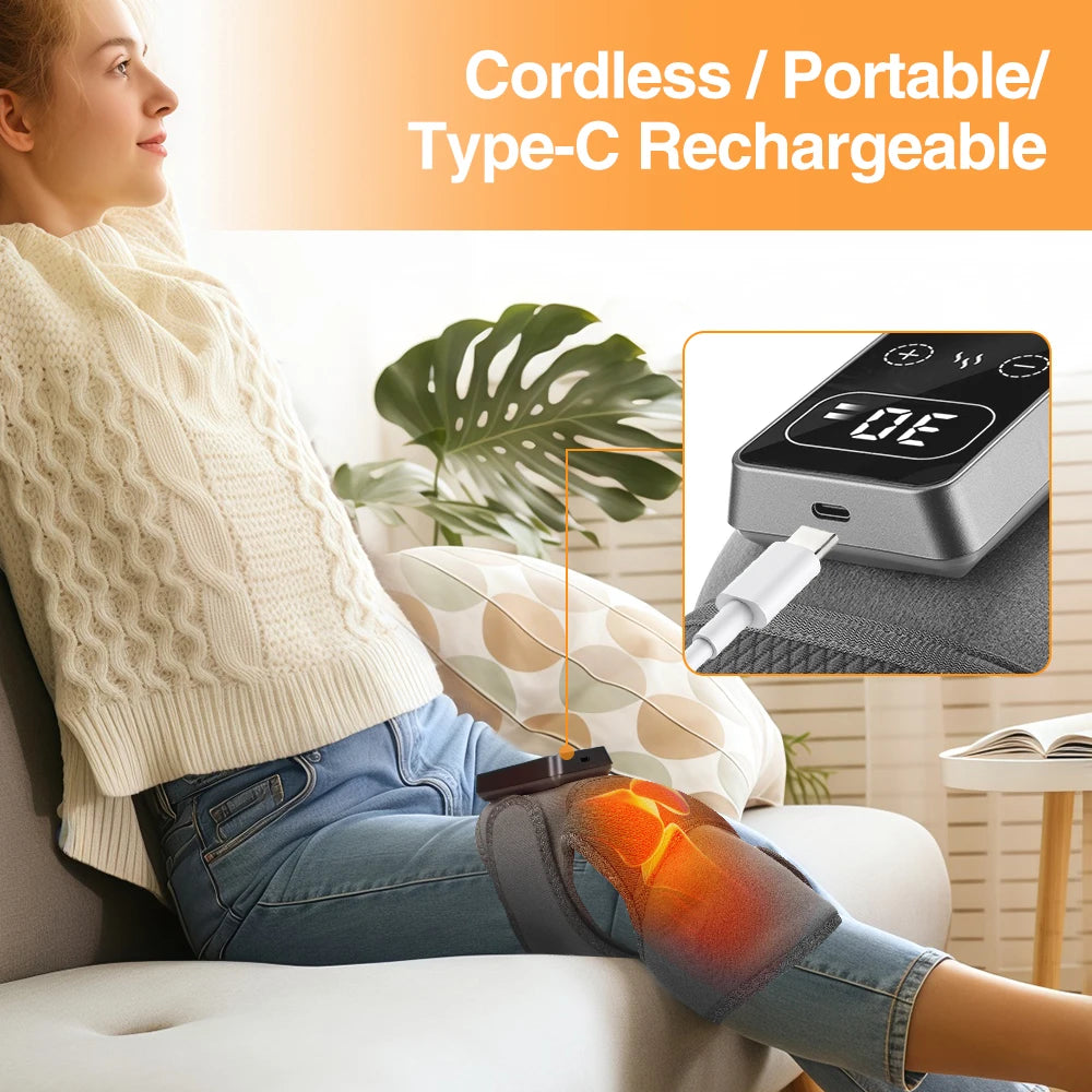 Cordless Heated Knee Massager 3 Vibration 5 Warm Compress Levels 3000mAh Rechargeable Knee Brace Wrap for Knee Elbow Shoulder Relaxation Home Office Travel Fitness Yoga