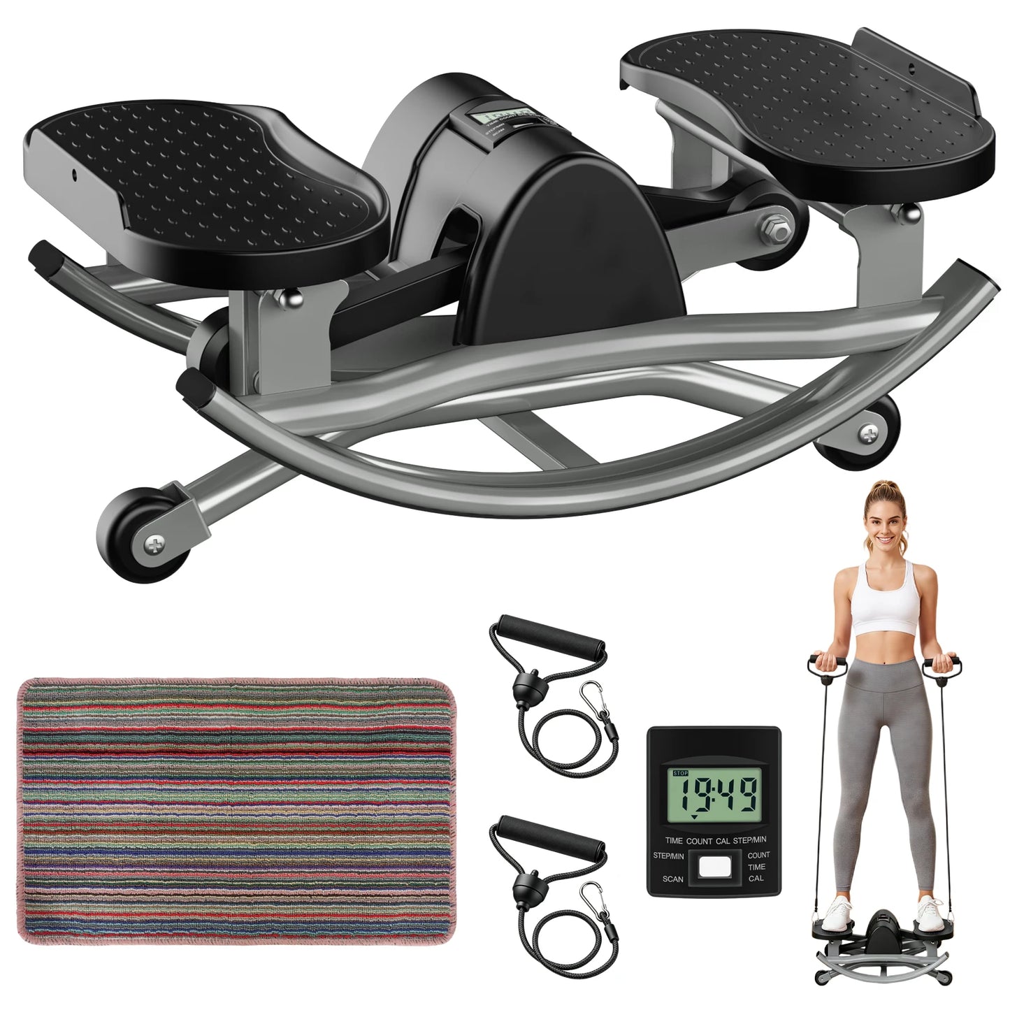 Swing Stepper Machine Intelligent Non-Slip For Exercise Twist Stair Stepper Trainer Full Body Workout 220 lbs with Digital Display Resistance Bands & Floor Mat for Men & Women Fat Burning & Body Shaping