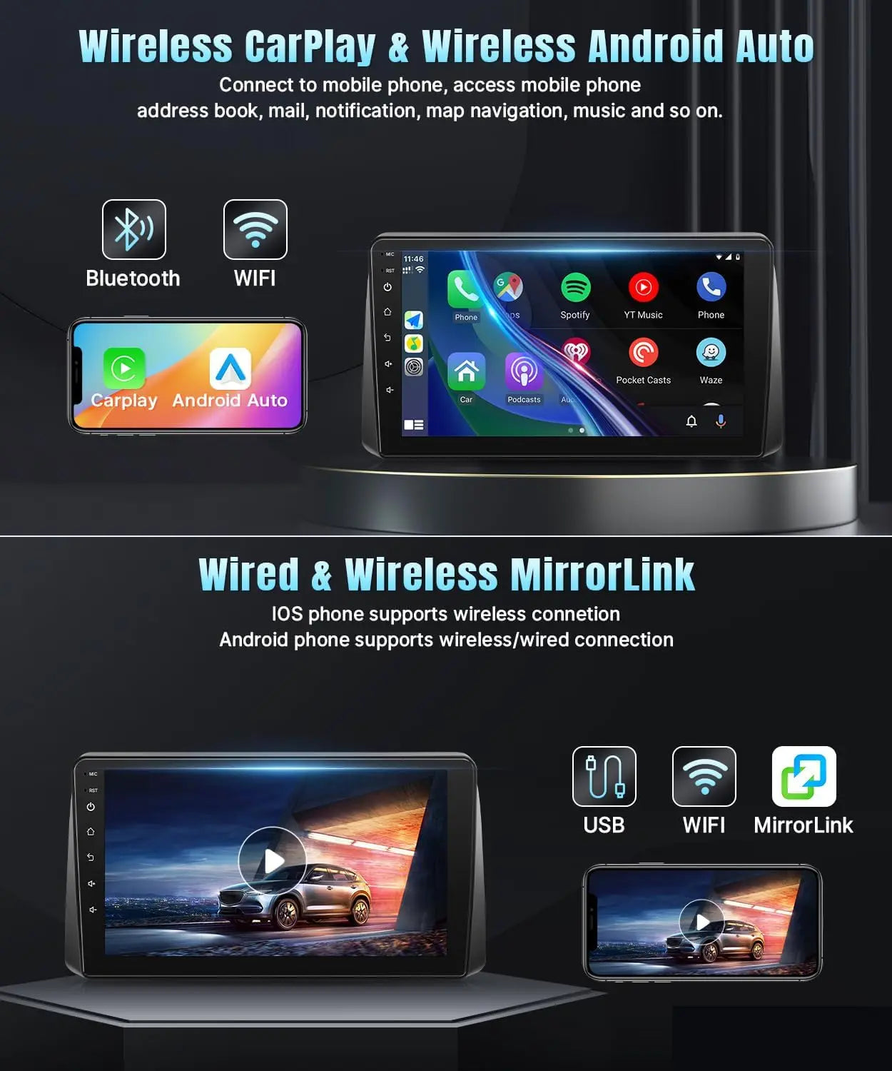 9inch Android 15 Touch Car GPS Navigation Stereo Radio Multimedia Video Player For Dodge Grand Caravan 2011-2020 Chrysler Town Country 2011-2016 Grand Voyager 2011-2015 Support Wireless CarPlay Bluetooth FM RDS WiFi SWC Mirro