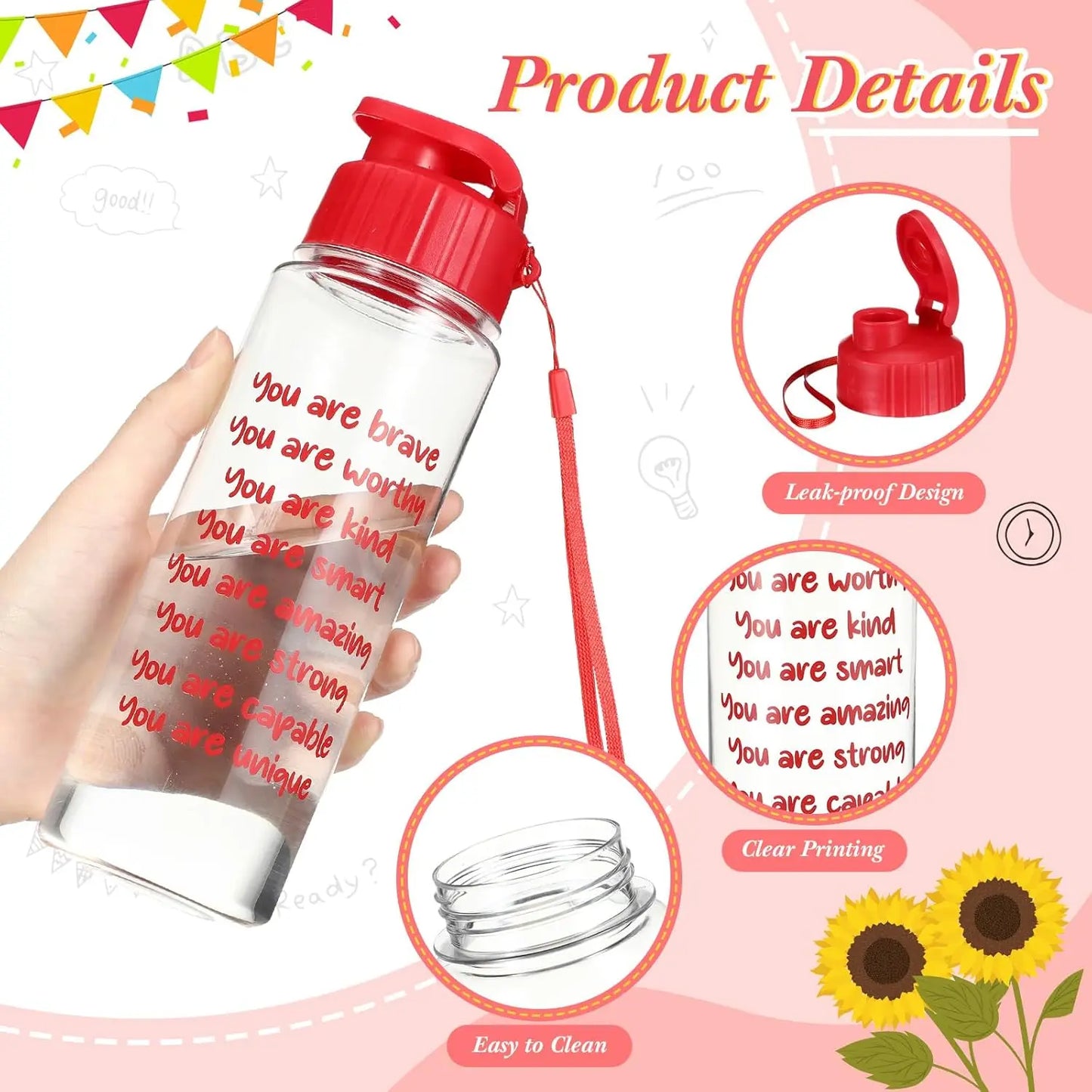 Motivational 24 Pack 17oz Water Bottles With Leak Proof Lids