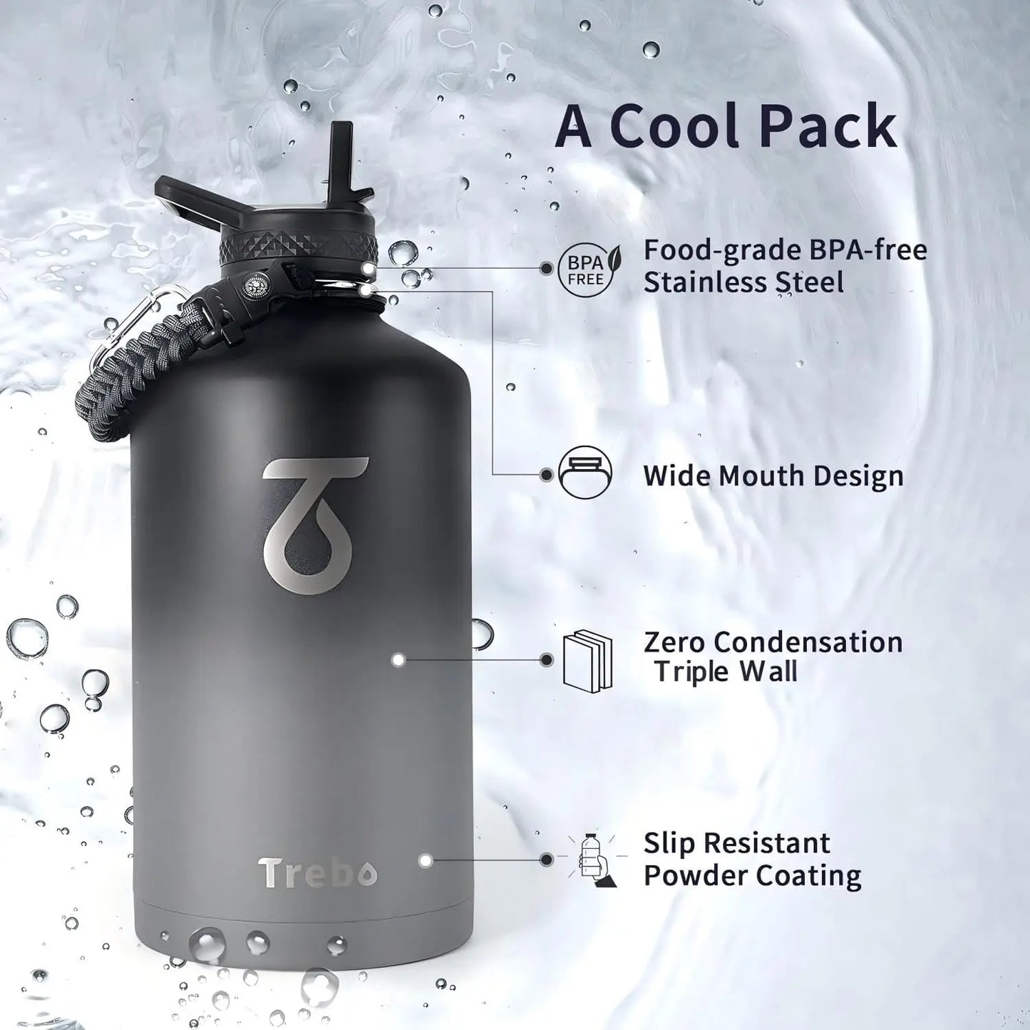 128oz Insulated Stainless Steel Water Bottle with Straw Spout and Handle, 1 Gallon Large Sports Jug, Food-Grade Triple Wall Vacu