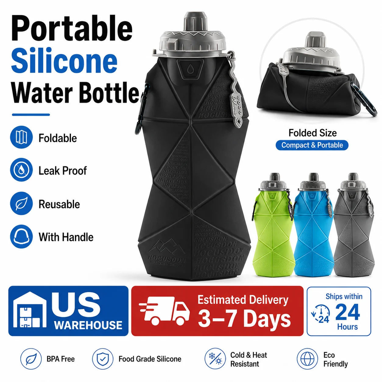Foldable Silicone Water Bottle Leakproof Portable Sports Drinkware Reusable Camping Hiking Gym Travel Bottle with Handle