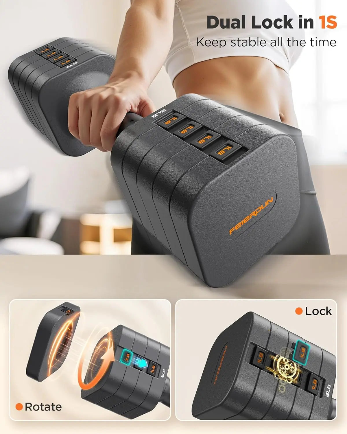 FEIERDUN 5-in-1 Adjustable Dumbbells Set of 2, 20LBS Dark Grey Hand Weights, Fast Adjust Dual Stable Dumbbells for Home Gym