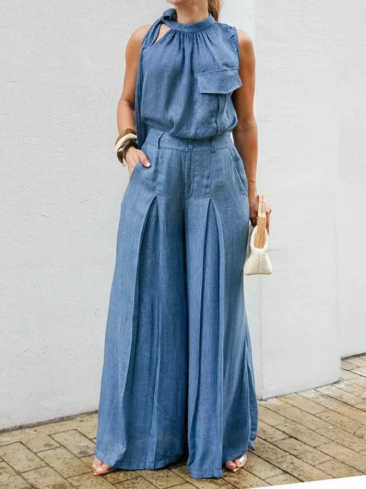 Pant Suit Halter Neck Tie Sleeveless Chest Pocket High Waist Pleated Wide Leg Trousers Matching Outfit For Women Vacation Daily Elegant Wear