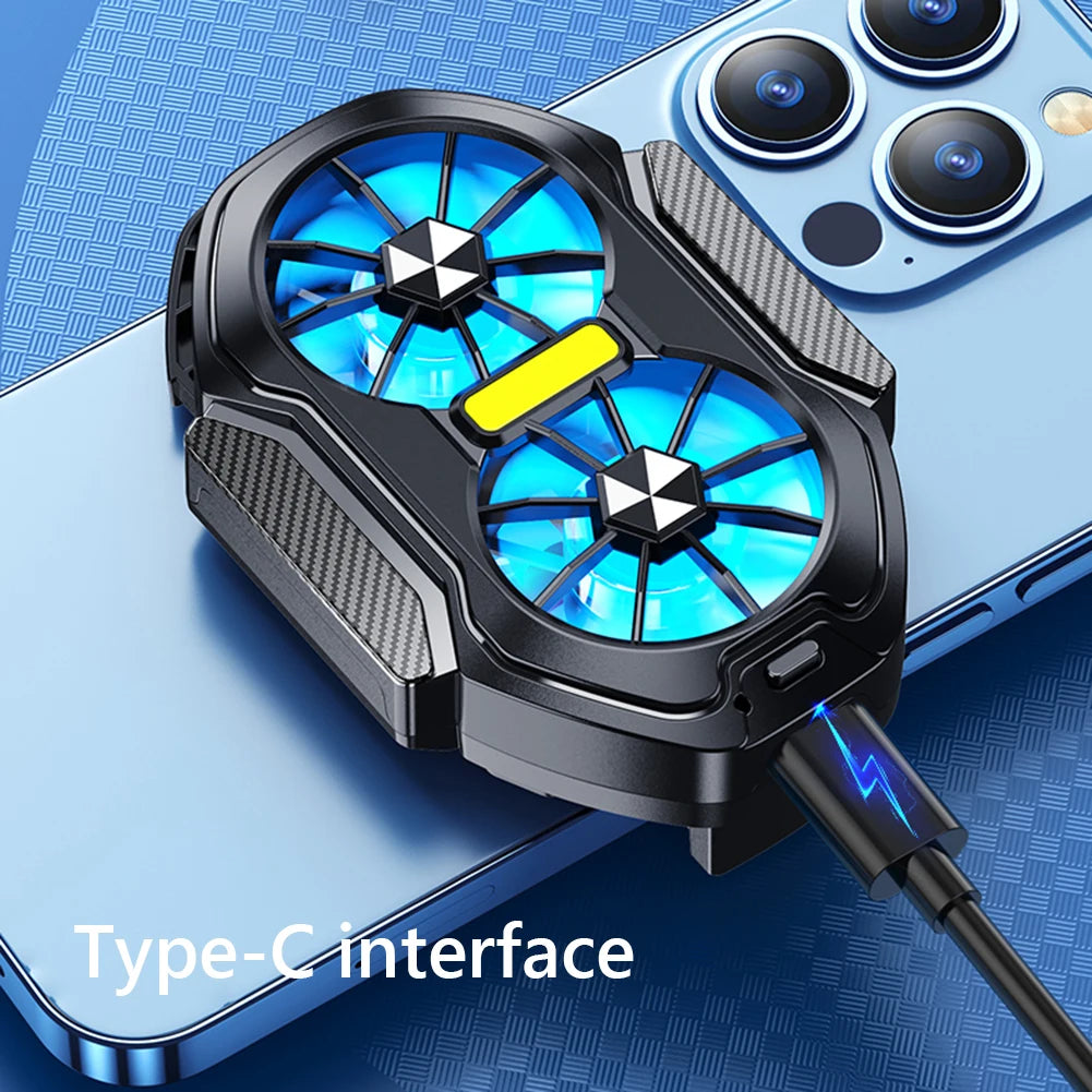 Dual Fan Mobile Phone Cooler Plug-in/Rechargeable Cell Phone Cooling Fan Type-C with Blue Light for Android Smartphones iPhone