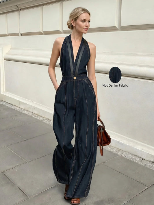 Women's Halter V Neck Sleeveless Jumpsuit Contrast Stitch Detail Front Button High Waist Wide Leg Pocket Casual Ladies Jumpsuit