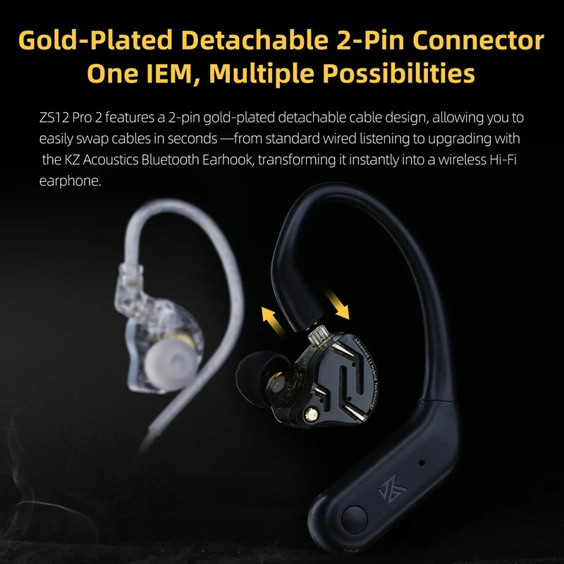 In Ear Monitor KZ ZS12 Pro 2 Hybrid 1DD+5BA Wired IEM Earphones with High Purity Silver Plated Detachable Cable, 3.5mm 2Pin HiFi Gaming Earbuds for Musicians Audiophiles