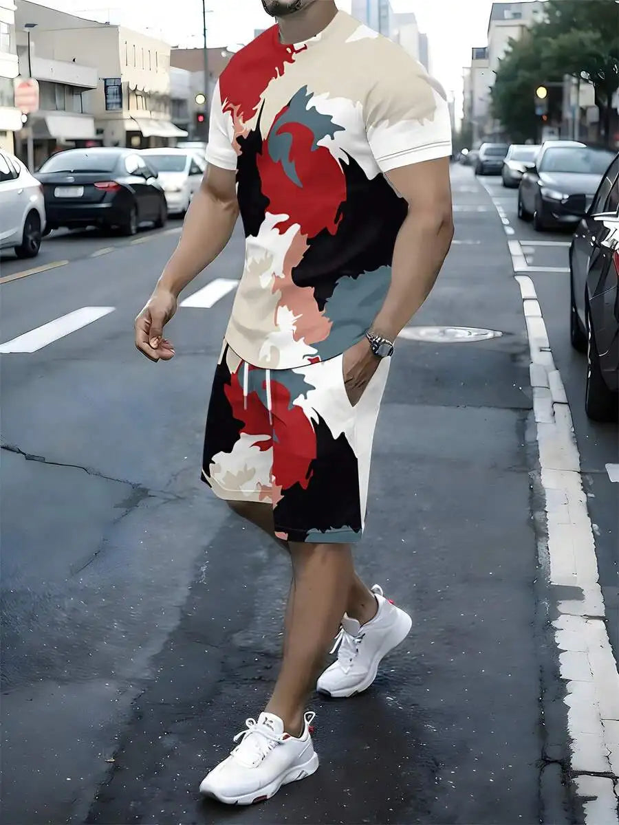 Mens Summer Two Piece Set With Abstract Print Breathable Sportswear
