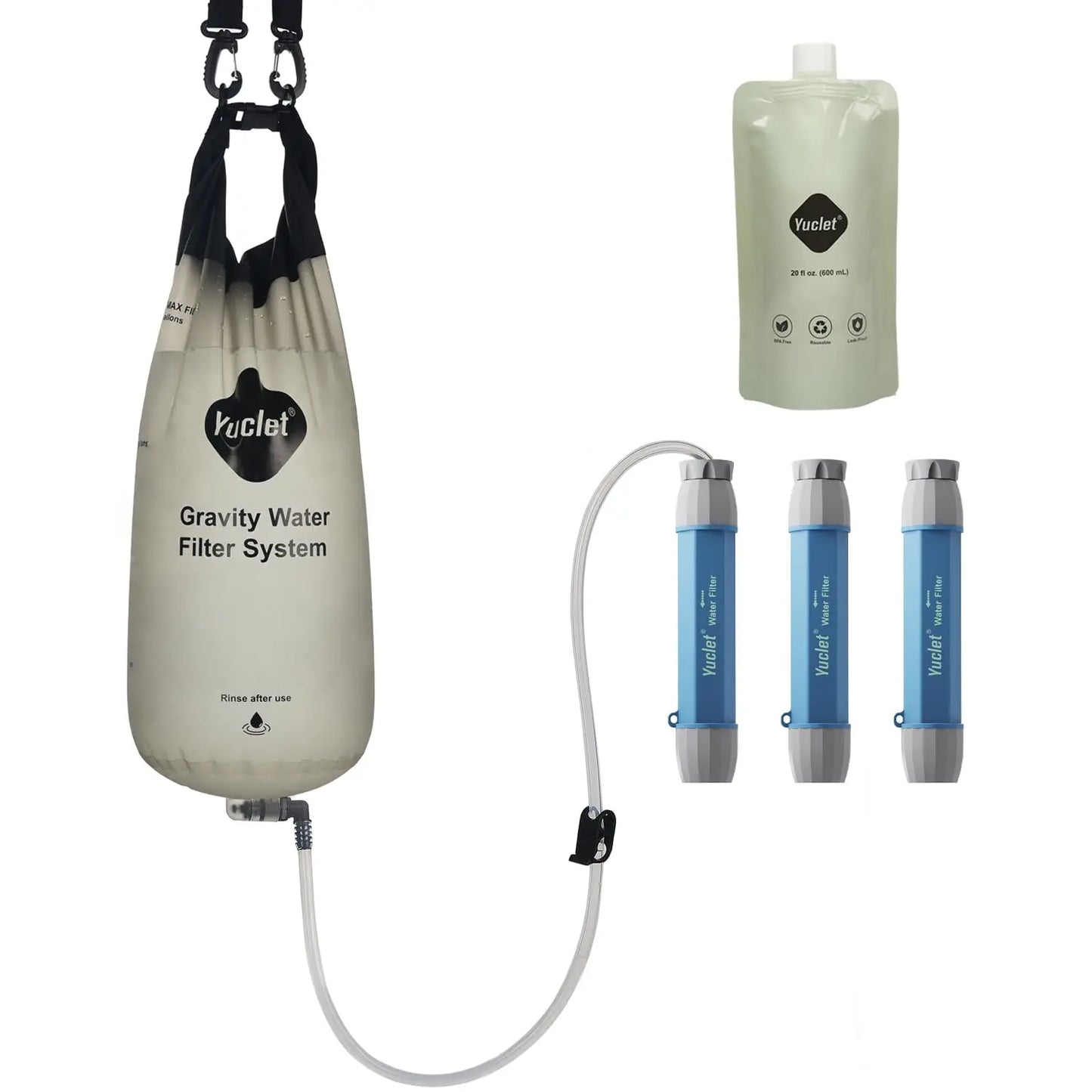 Gravity Water Filter System for Hiking, Camping, Travel, and Emergency Preparedness (1 Gravity Bag, 3 Water Filter Straw, 1 Squeezable Water Pouch)