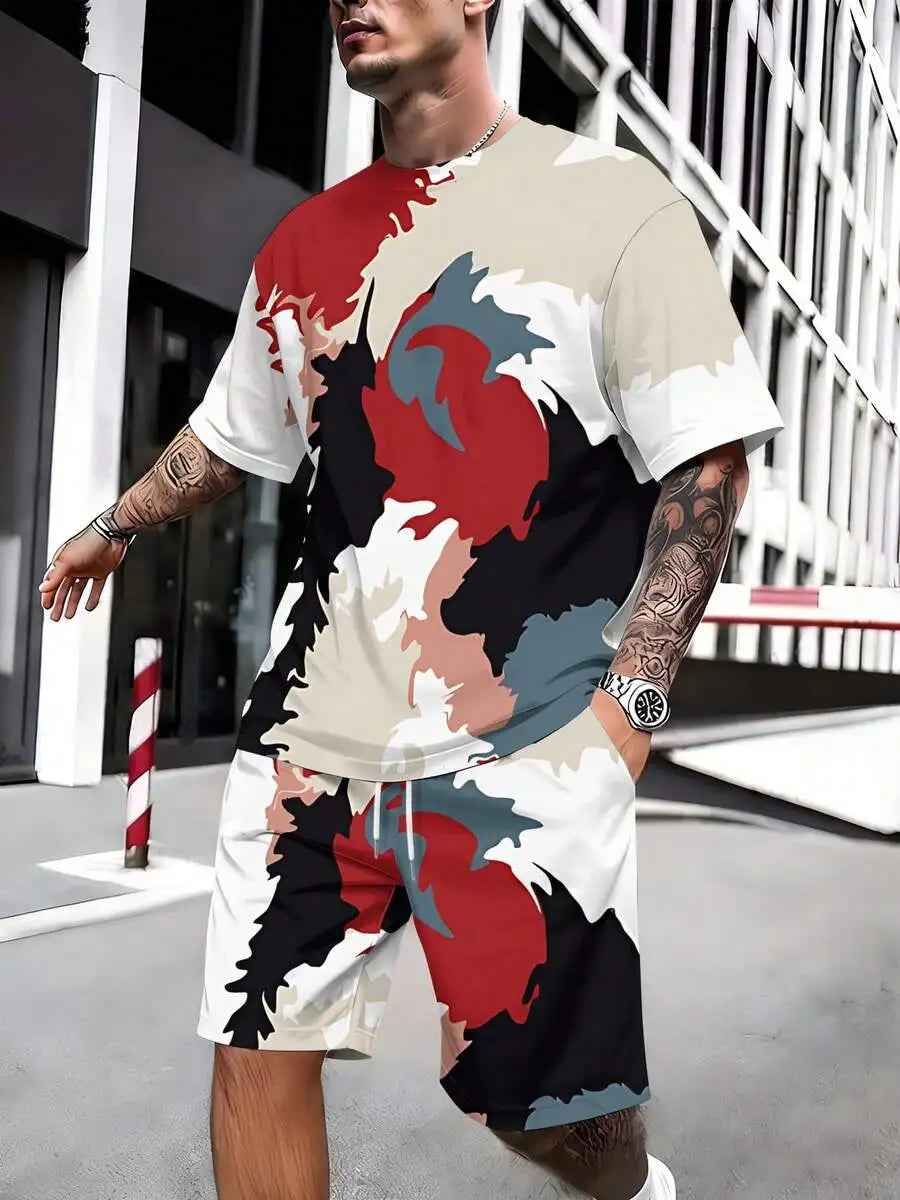 Mens Summer Two Piece Set With Abstract Print Breathable Sportswear