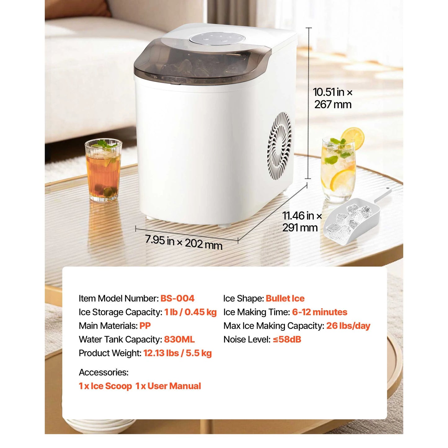 SucceBuy Countertop Ice Maker 7 Cubes Ready in 6 Mins 26 lbs per Day with Ice Scoop 2 Sizes Bullet Ices for Home Kitchen Office