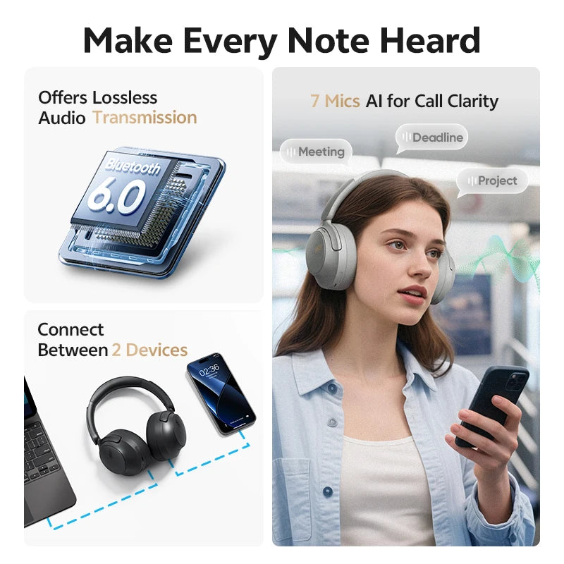 QCY BH25H3SA Wireless Adaptive ANC Over Ear Headphones LDAC