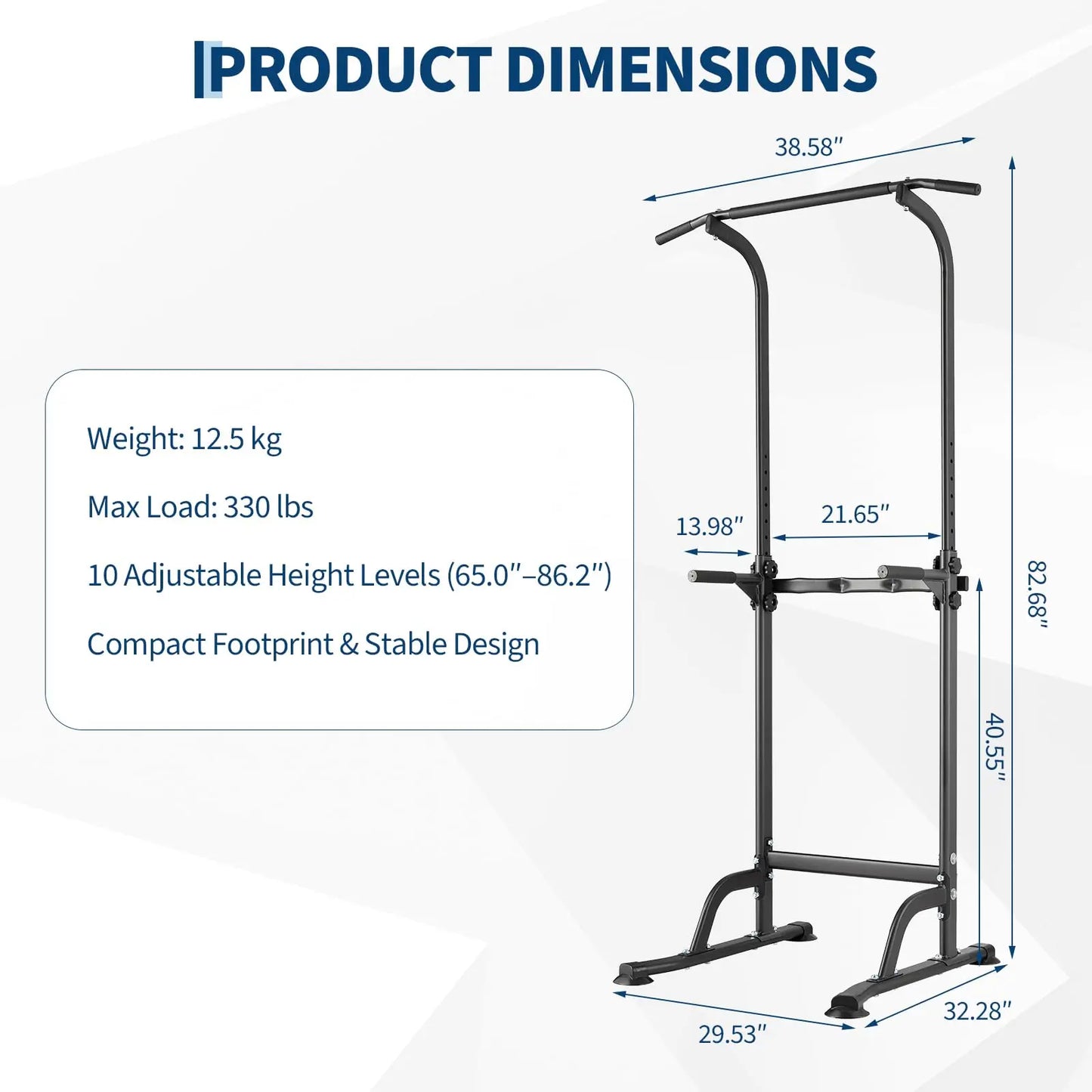 Multi-Function Power Tower Dip Station With Pull Up Bar, 10-Level Height Adjustable, 330LBS Steel Home Gym Equipment