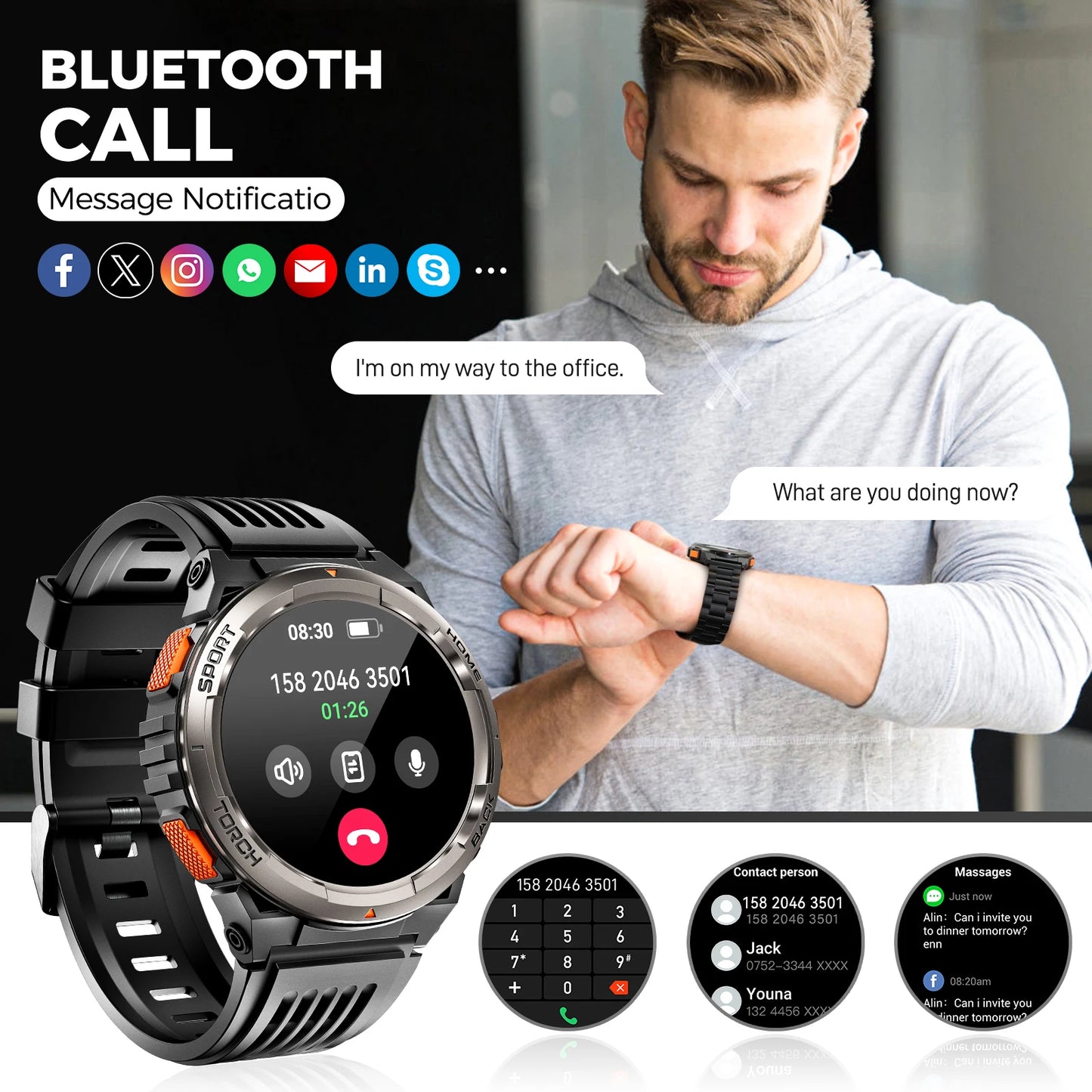 EIGIIS KE5 3ATM Waterproof Smart Watch for Men with LED Flashlight 1.45'' HD Rugged Smartwatch with 530mAh Big Battery