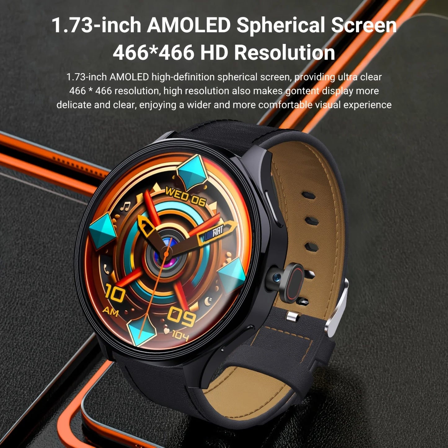 Android 4G SIM Smartwatch, Large 1.73-inch AMOLED Display, 3 GB RAM + 32 GB Storage for Men and Women, Rotating Camera, Wi-fi, GPS, 800 MAh Battery, Activity Tracker