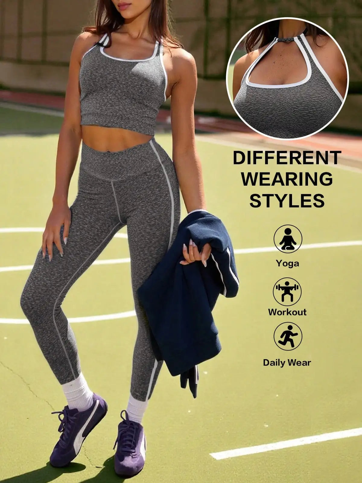 Fisoew Seamless Workout Sets, Ribbed Yoga Outfits Cropped Top & High Waisted Leggings Gym Clothing For Running Sports